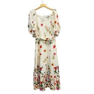 & Other Stories Linen Puff Sleeve Belted Midi Dress in Floral Print size 8